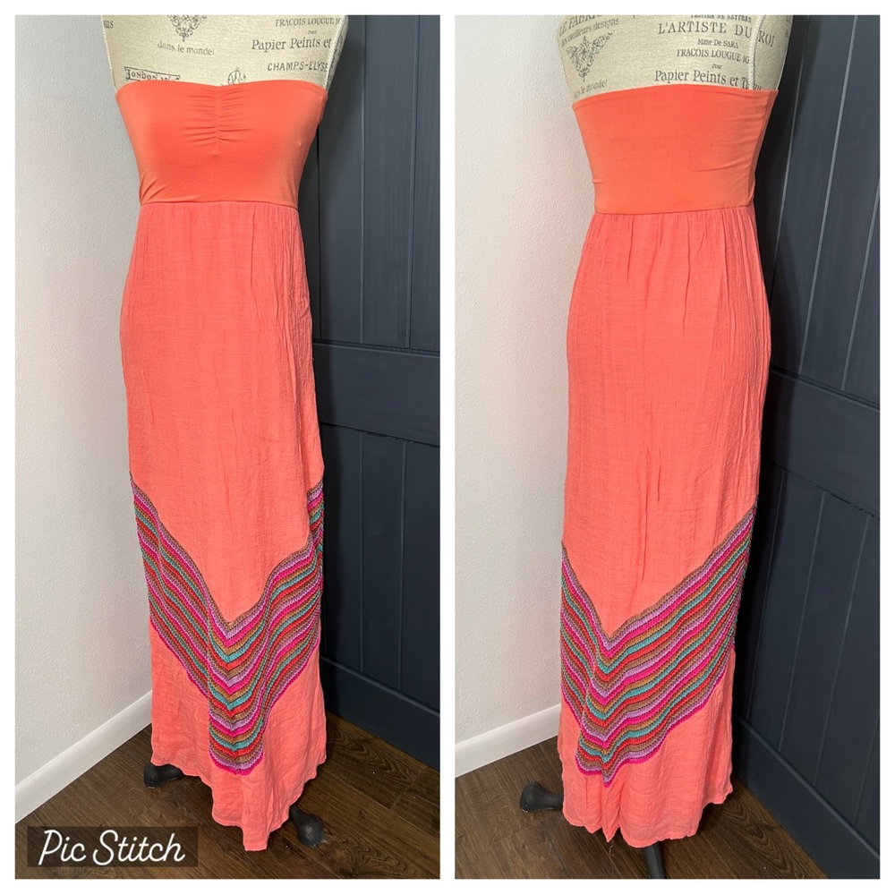 Missy Robertson Coral Strapless Embroidered Maxi Dress